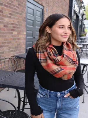 Plaid Infinity Scarf. Tan/Orange/Black Combo