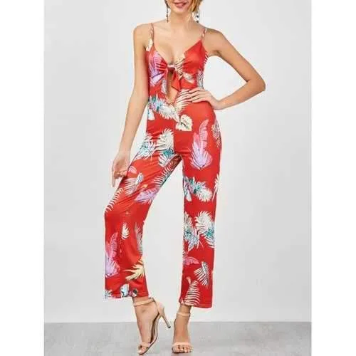 Plunge Foliage Print Backless Slip Jumpsuit - Red M
