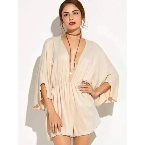 Plunging Neck Batwing Sleeve Romper - Beige M