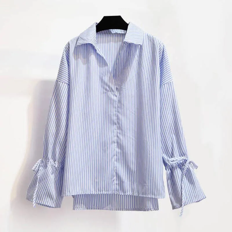 Pofulove Spring Women Thin Long Sleeve V-Neck Striped Shirt Chiffon Shirt Skirt Dress Two Piece Suit