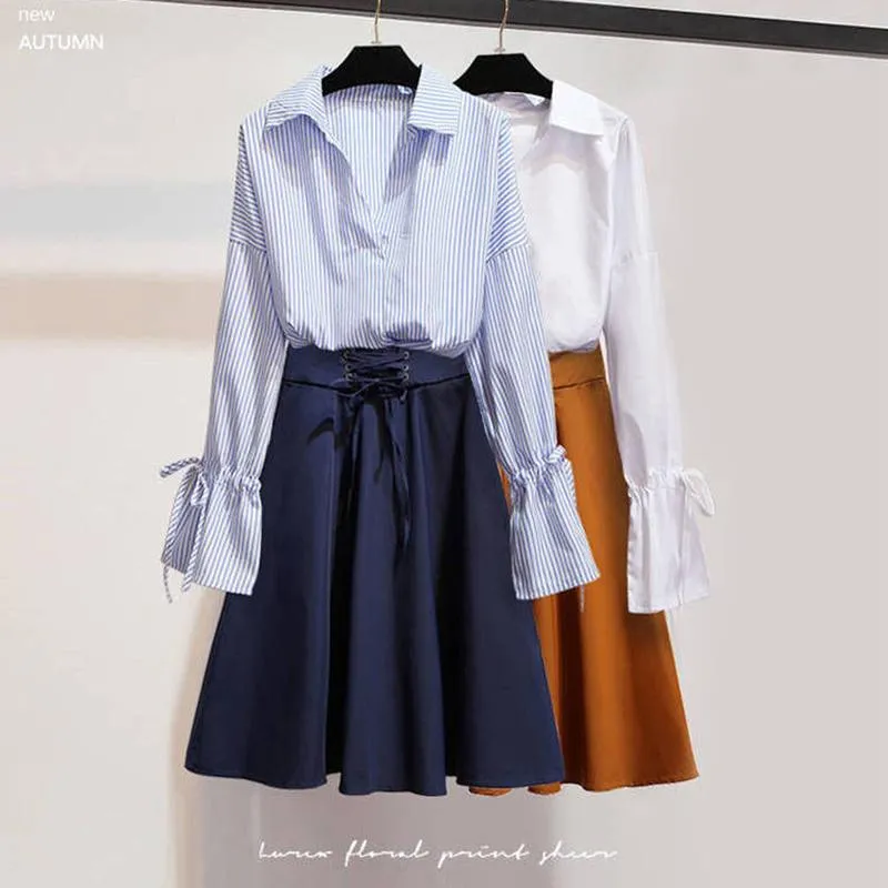 Pofulove Spring Women Thin Long Sleeve V-Neck Striped Shirt Chiffon Shirt Skirt Dress Two Piece Suit