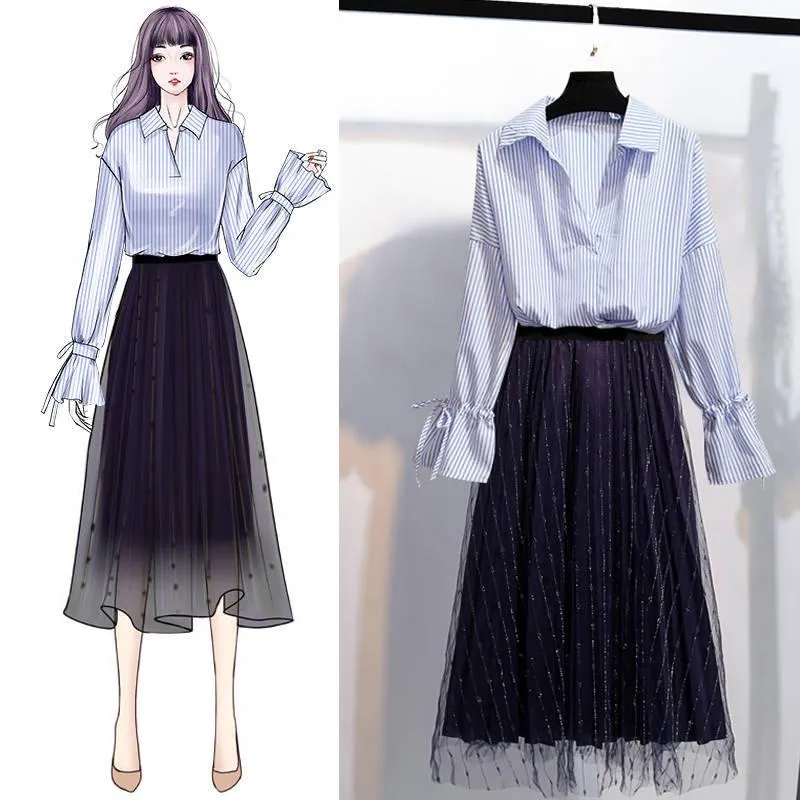 Pofulove Spring Women Thin Long Sleeve V-Neck Striped Shirt Chiffon Shirt Skirt Dress Two Piece Suit