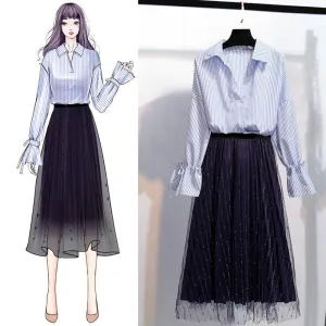 Pofulove Spring Women Thin Long Sleeve V-Neck Striped Shirt Chiffon Shirt Skirt Dress Two Piece Suit