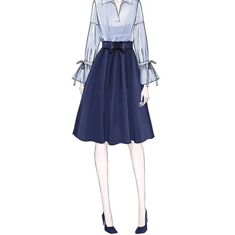 Pofulove Spring Women Thin Long Sleeve V-Neck Striped Shirt Chiffon Shirt Skirt Dress Two Piece Suit