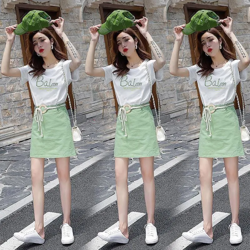 Pofulove Women High-quality White O-Neck Cotton T-shirt high Waist Thin Slim Short Skirt Two-piece Suit