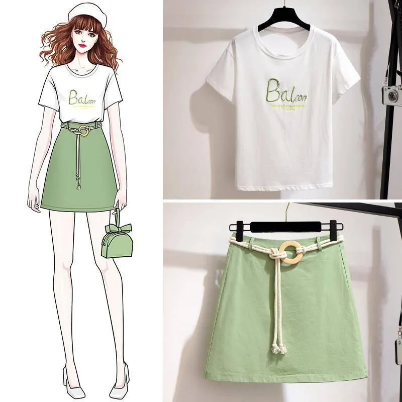 Pofulove Women High-quality White O-Neck Cotton T-shirt high Waist Thin Slim Short Skirt Two-piece Suit