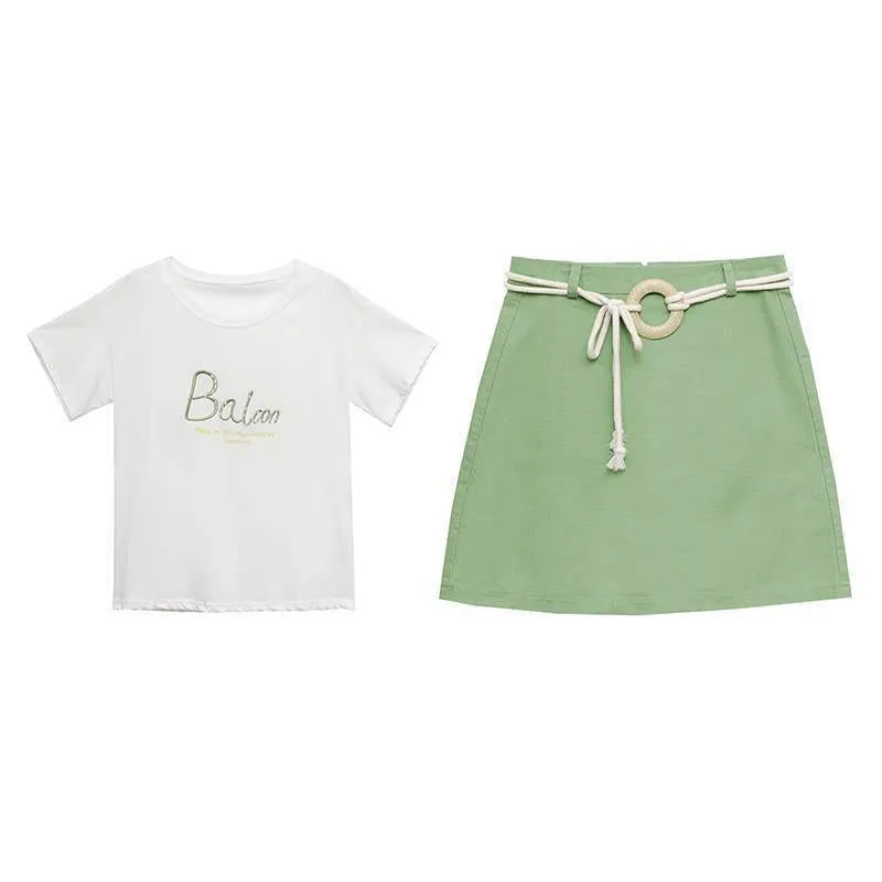 Pofulove Women High-quality White O-Neck Cotton T-shirt high Waist Thin Slim Short Skirt Two-piece Suit