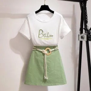 Pofulove Women High-quality White O-Neck Cotton T-shirt high Waist Thin Slim Short Skirt Two-piece Suit
