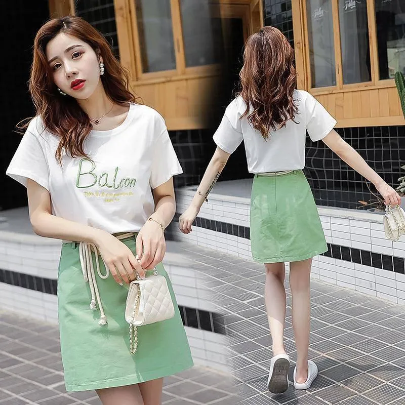 Pofulove Women High-quality White O-Neck Cotton T-shirt high Waist Thin Slim Short Skirt Two-piece Suit