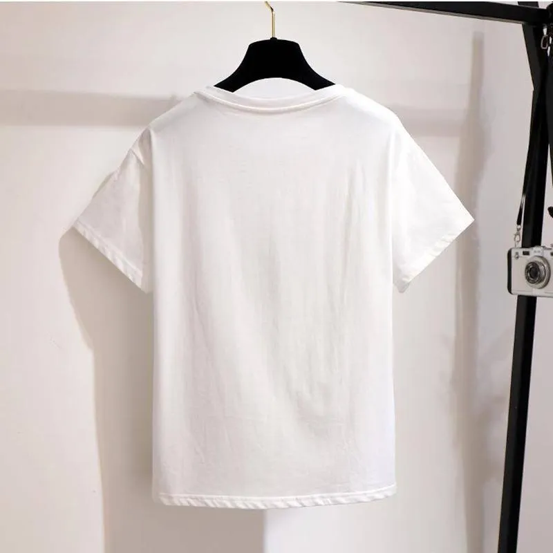 Pofulove Women High-quality White O-Neck Cotton T-shirt high Waist Thin Slim Short Skirt Two-piece Suit