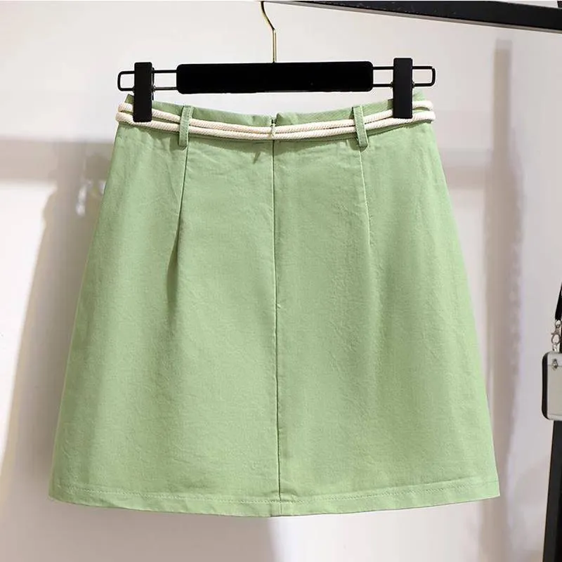 Pofulove Women High-quality White O-Neck Cotton T-shirt high Waist Thin Slim Short Skirt Two-piece Suit