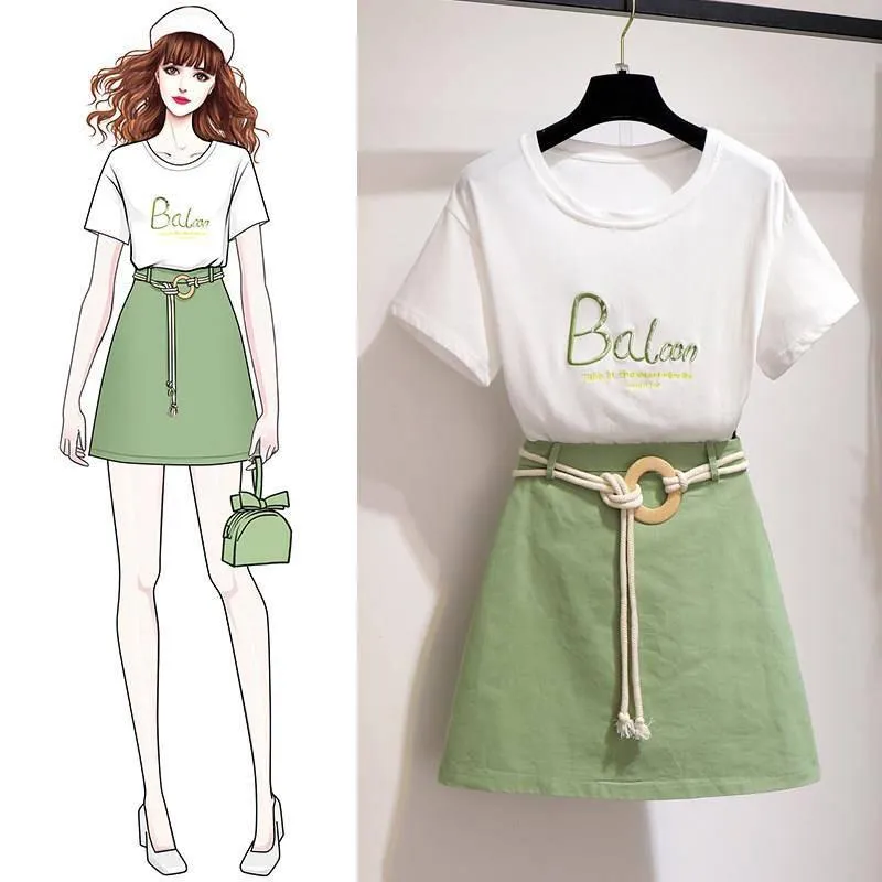 Pofulove Women High-quality White O-Neck Cotton T-shirt high Waist Thin Slim Short Skirt Two-piece Suit