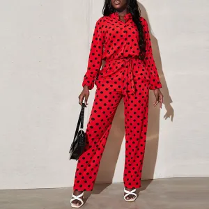 Polka Dot Print Long Sleeve Belted Jumpsuit
