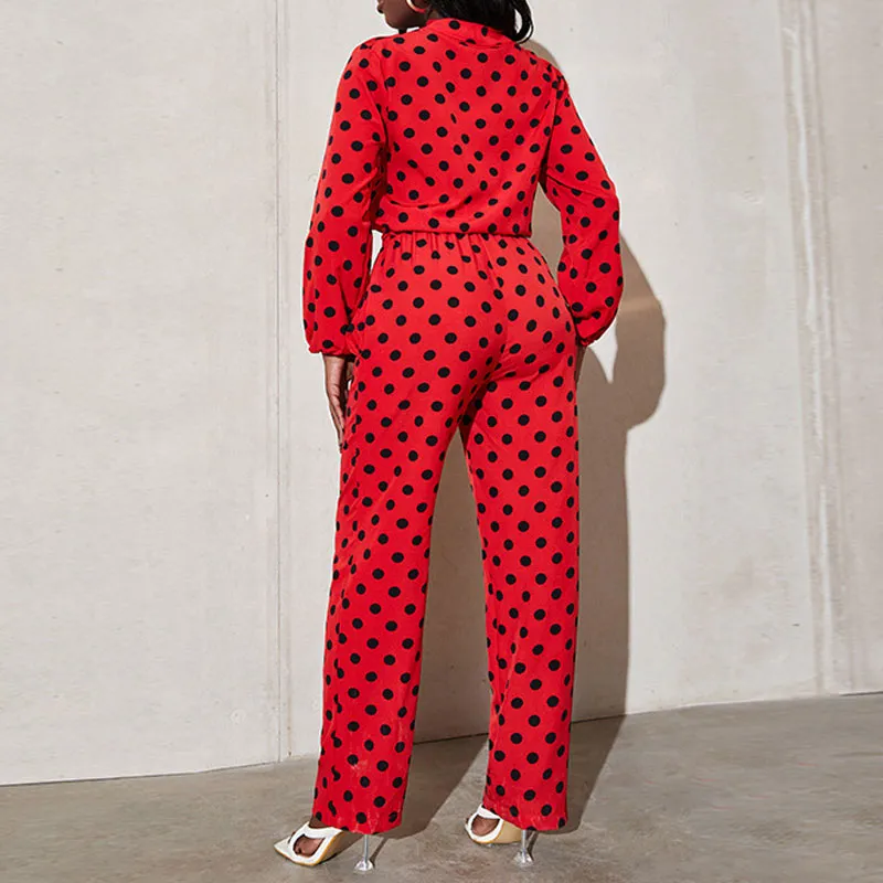 Polka Dot Print Long Sleeve Belted Jumpsuit