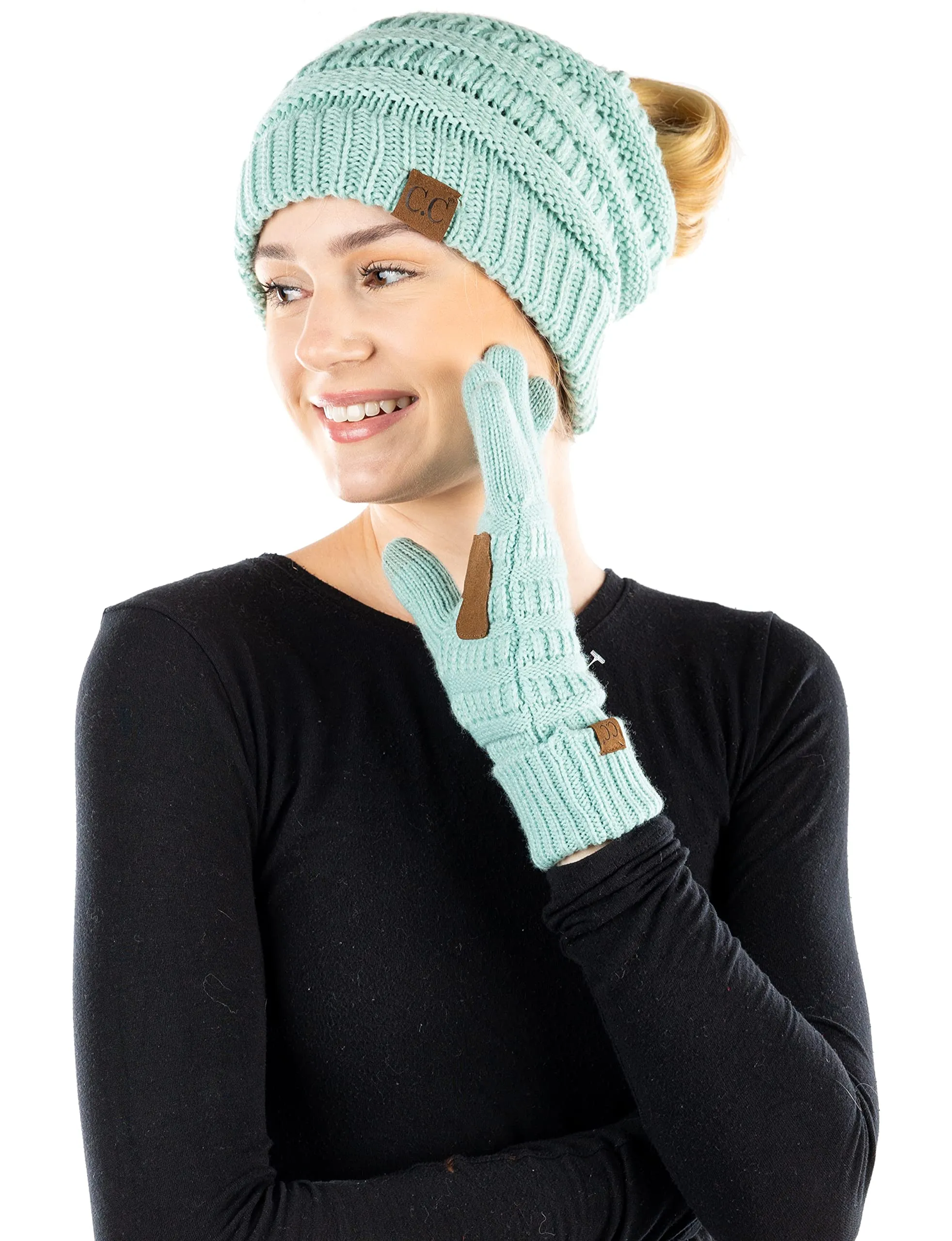 Ponytail Beanie & Gloves Matching Set by Funky Junque