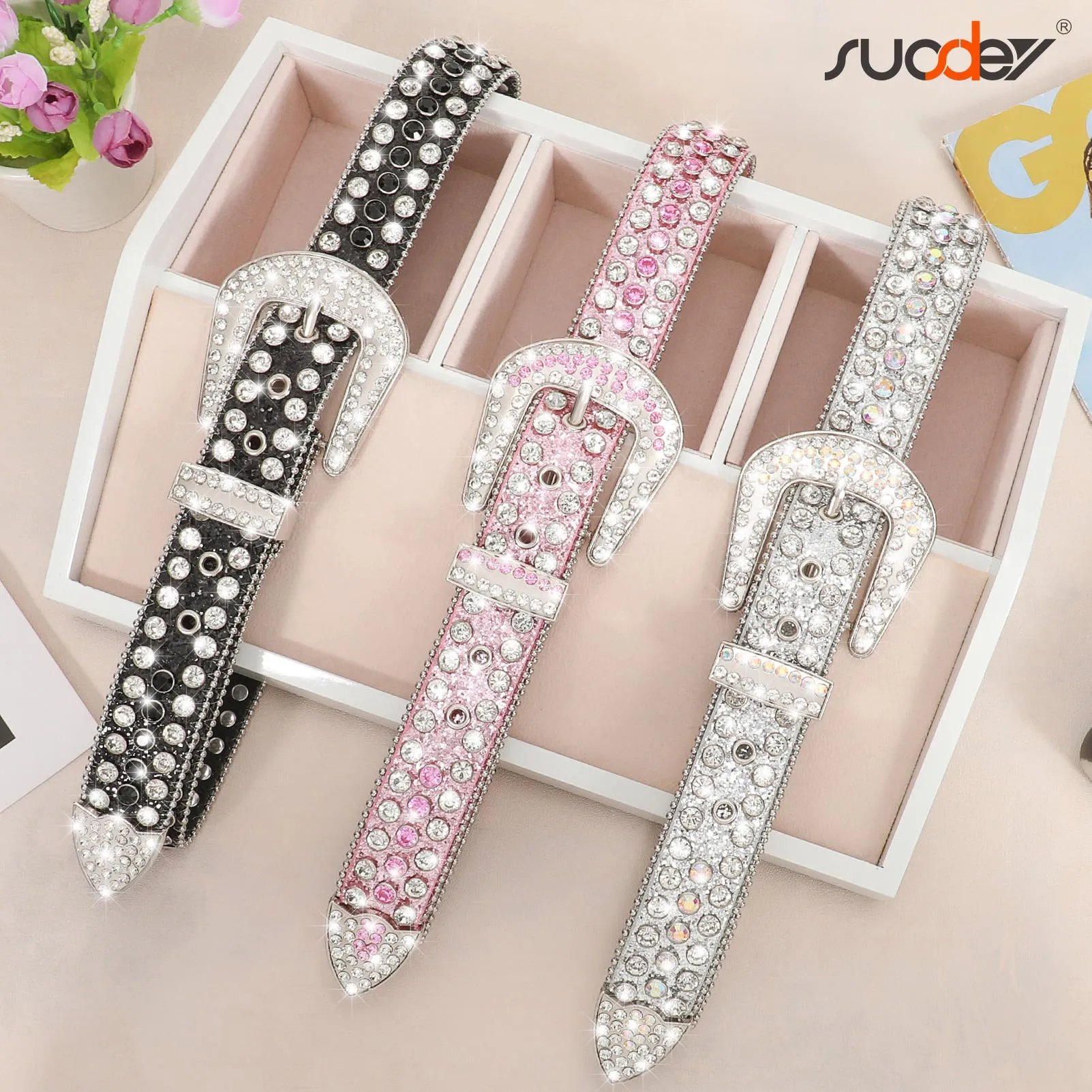Popular Luxury Crystal Diamond Studded Rhinestone Belts Western Sparkle Designer Leather Women Mens Belt