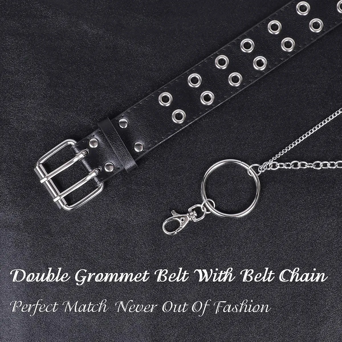 PU Leather Punk Belt for Women Men Jeans 2 Hole Belts 1.5 Wide