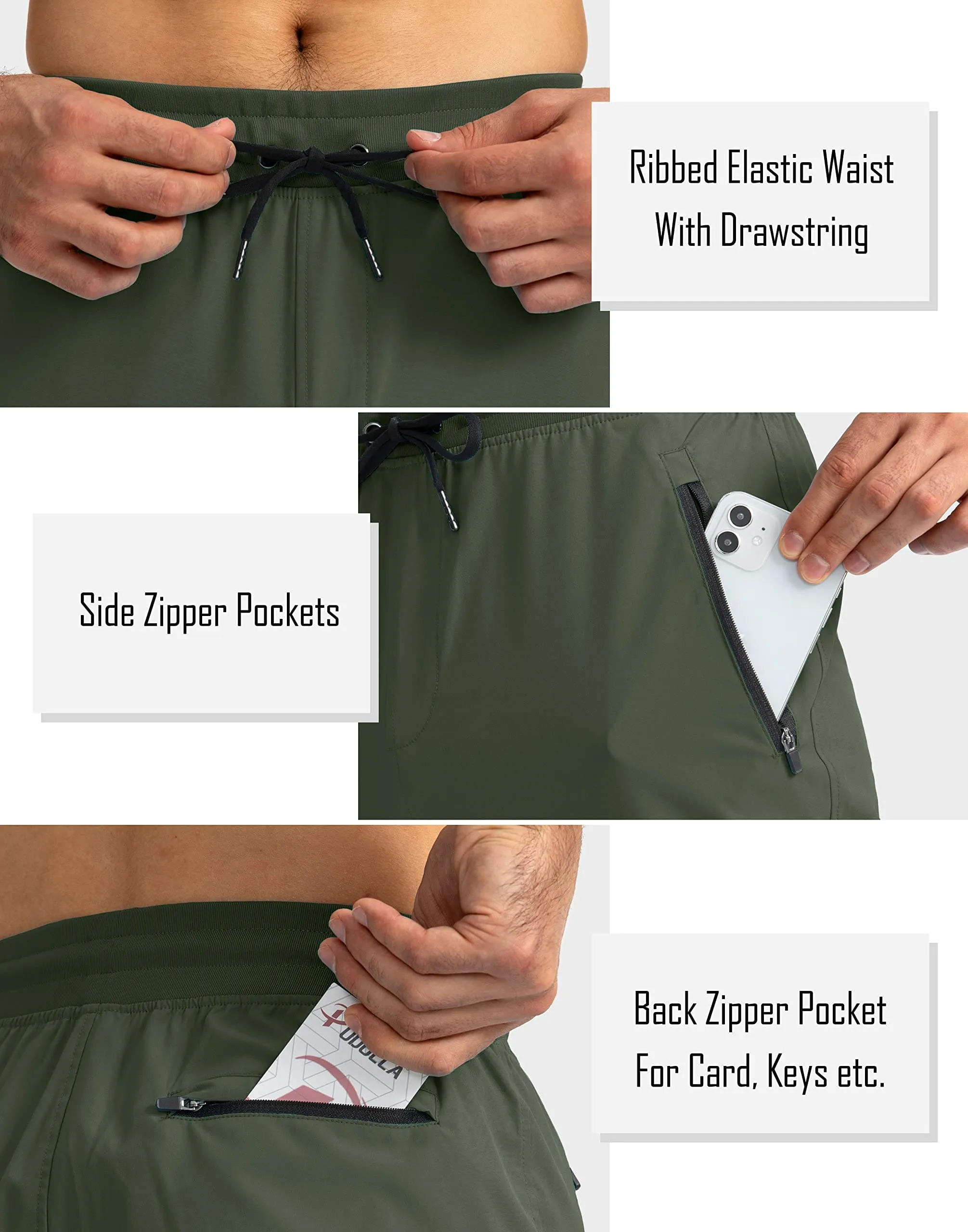 Pudolla Men's Lightweight Jogger Pants Workout Running Tapered Joggers for Men with Zipper Pockets for Athletic Travel Casual(Army Green)