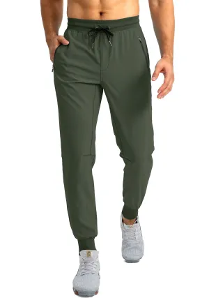 Pudolla Men's Lightweight Jogger Pants Workout Running Tapered Joggers for Men with Zipper Pockets for Athletic Travel Casual(Army Green)