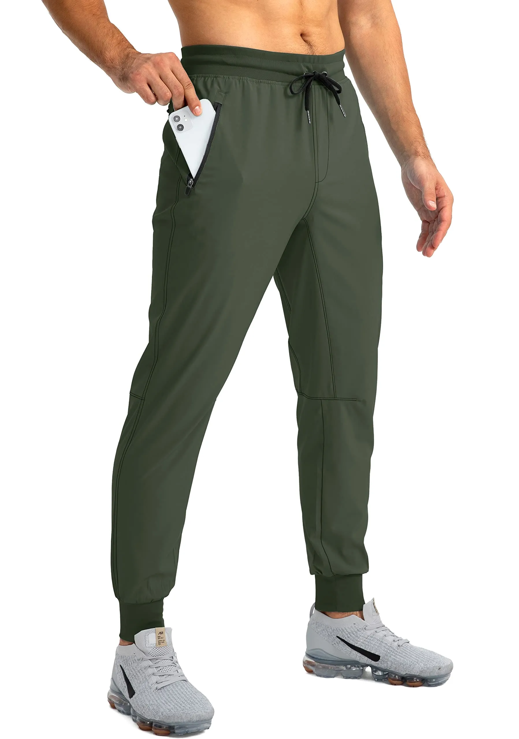 Pudolla Men's Lightweight Jogger Pants Workout Running Tapered Joggers for Men with Zipper Pockets for Athletic Travel Casual(Army Green)