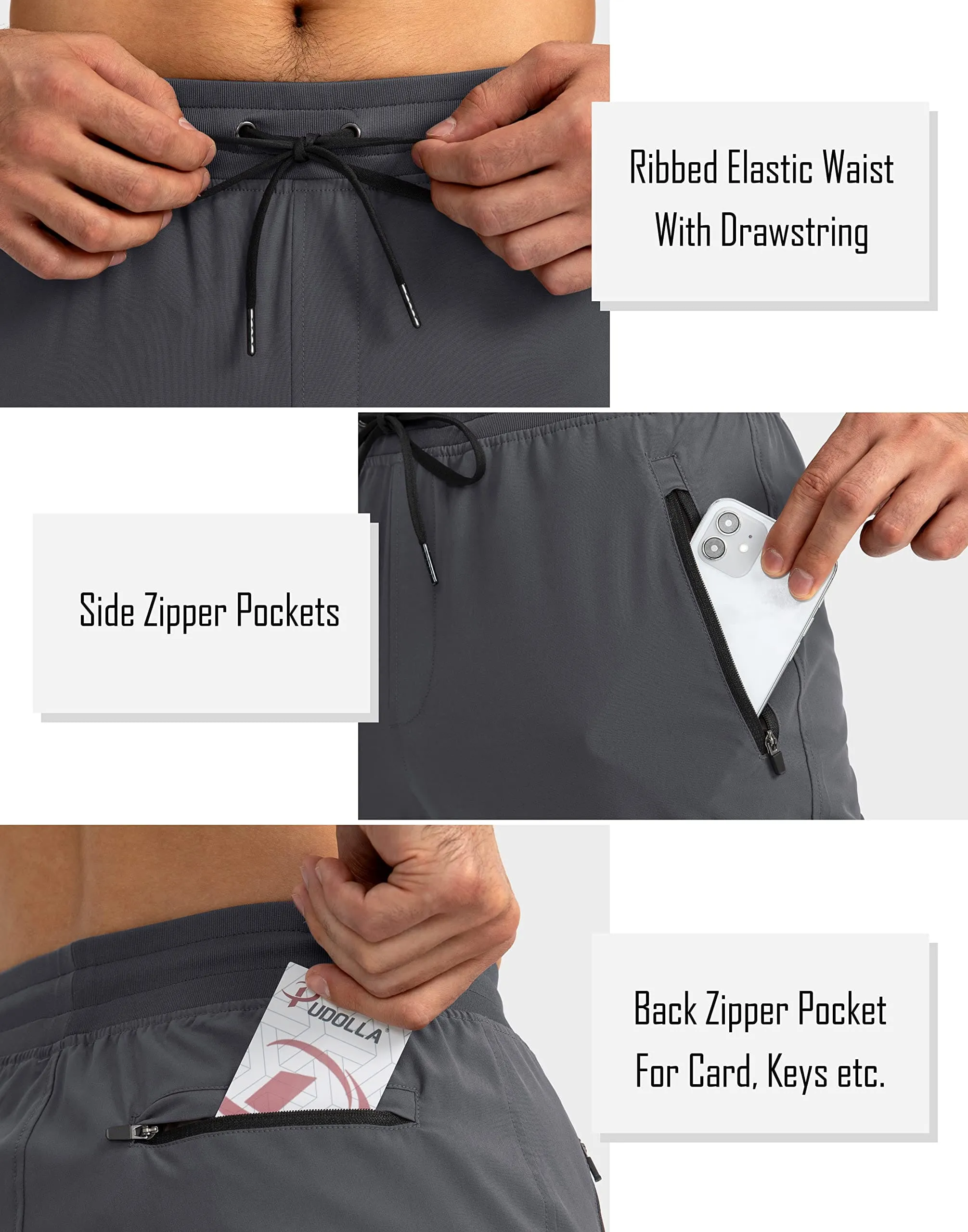 Pudolla Men's Lightweight Jogger Pants Workout Running Tapered Joggers for Men with Zipper Pockets for Athletic Travel Casual(Dark Grey)