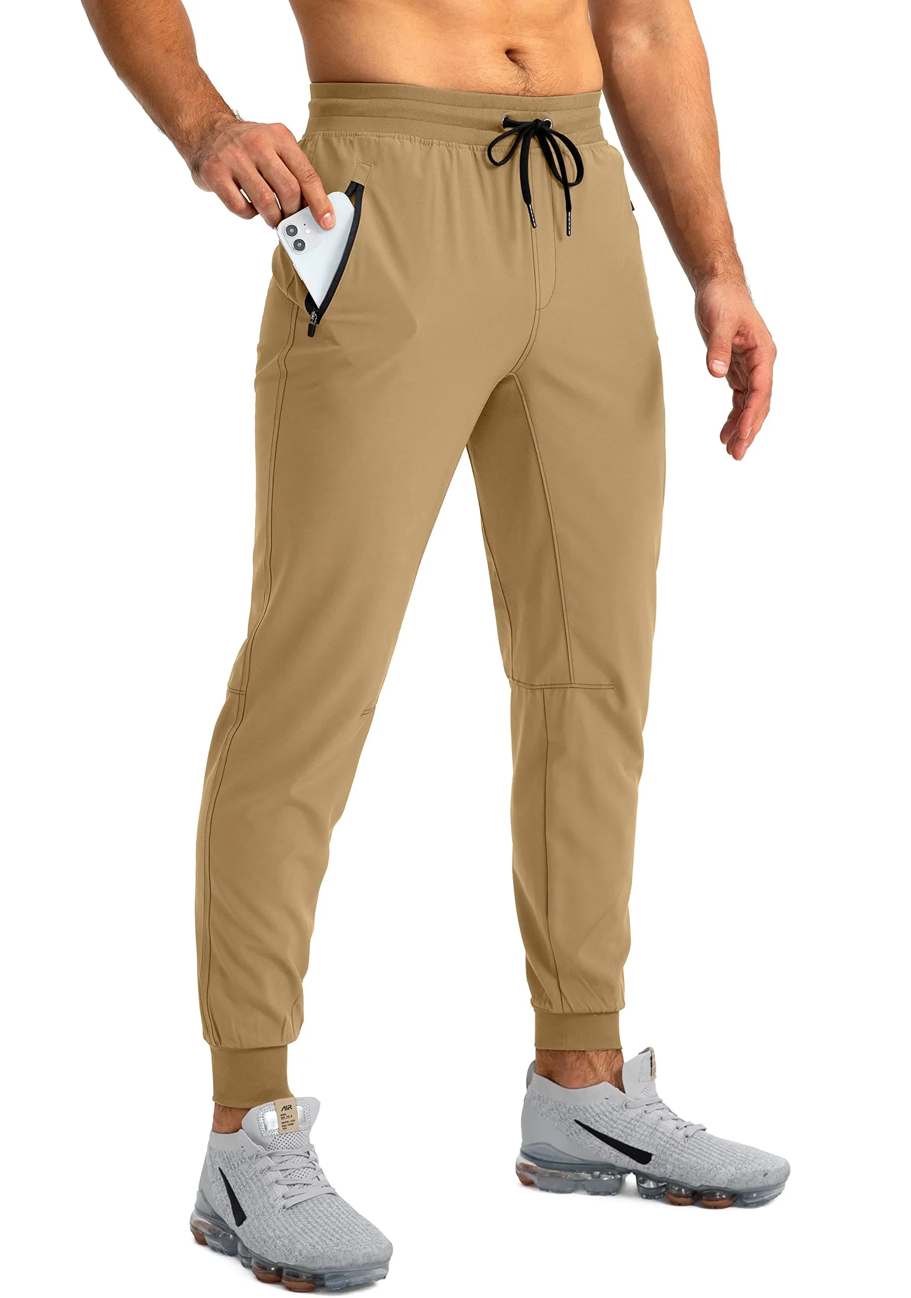 Pudolla Men's Lightweight Jogger Pants Workout Running Tapered Joggers for Men with Zipper Pockets for Athletic Travel Casual(Dark Khaki)