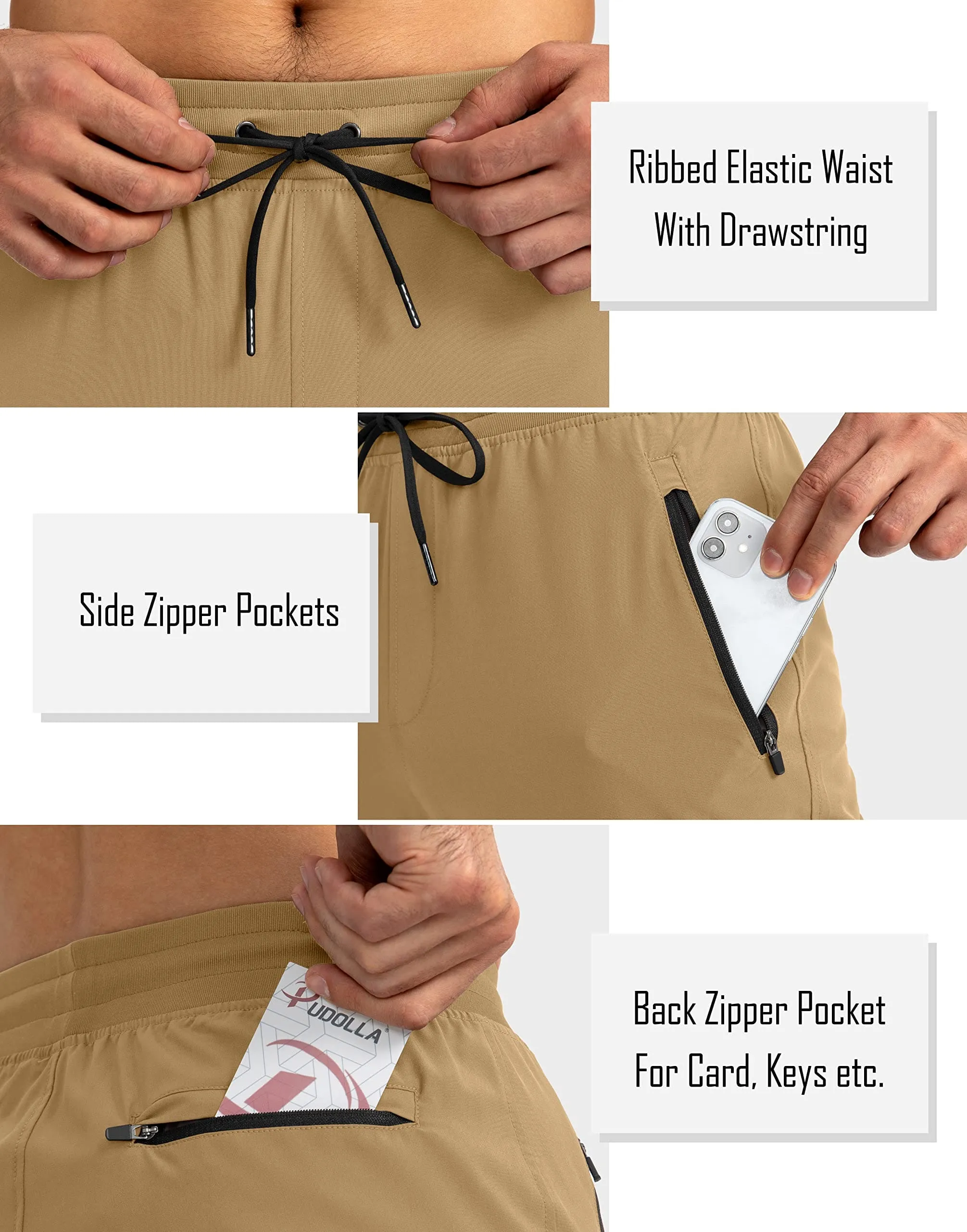 Pudolla Men's Lightweight Jogger Pants Workout Running Tapered Joggers for Men with Zipper Pockets for Athletic Travel Casual(Dark Khaki)
