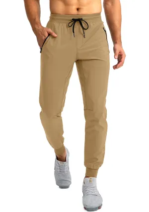 Pudolla Men's Lightweight Jogger Pants Workout Running Tapered Joggers for Men with Zipper Pockets for Athletic Travel Casual(Dark Khaki)