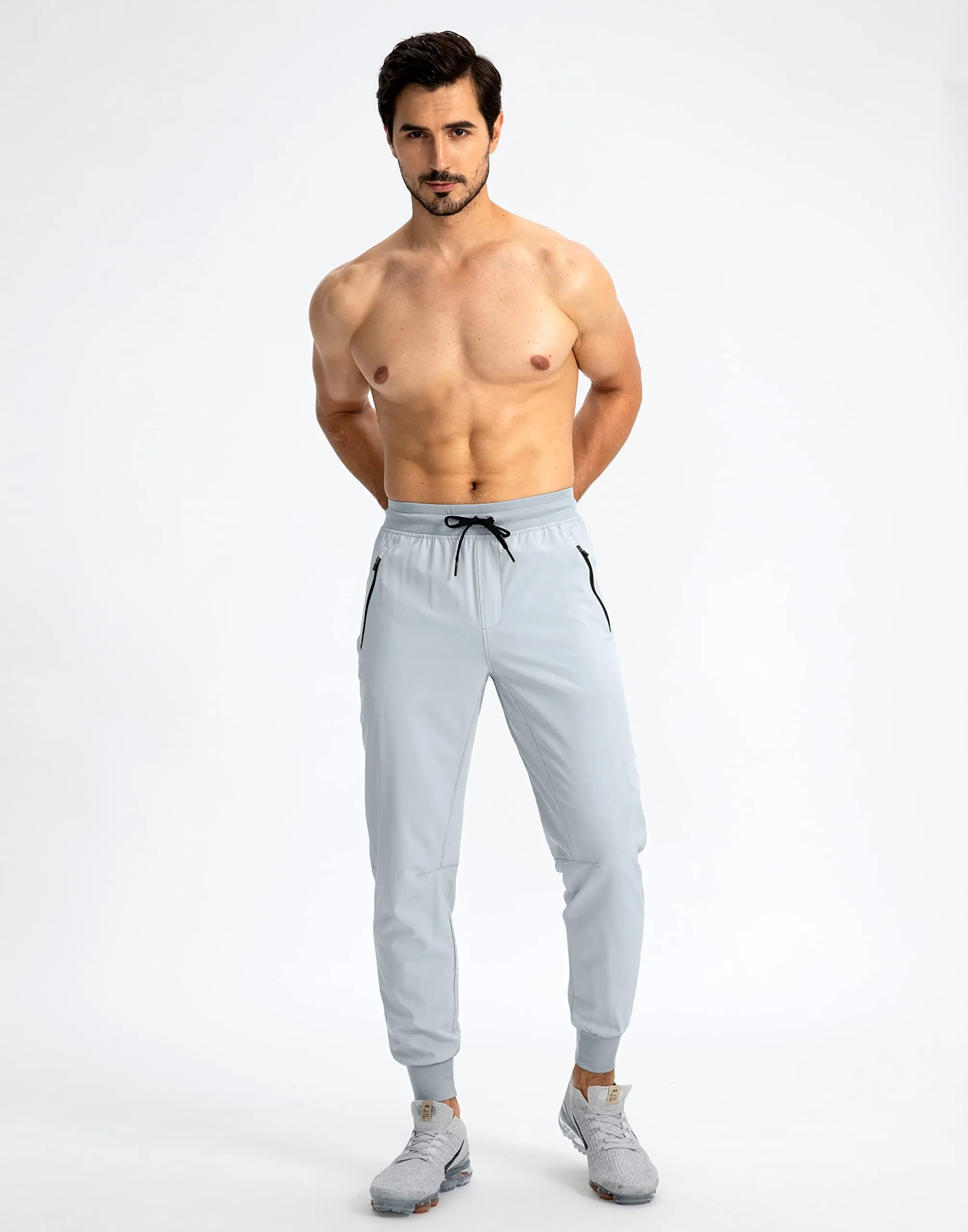 Pudolla Men's Lightweight Jogger Pants Workout Running Tapered Joggers for Men with Zipper Pockets for Athletic Travel Casual(Light Grey)