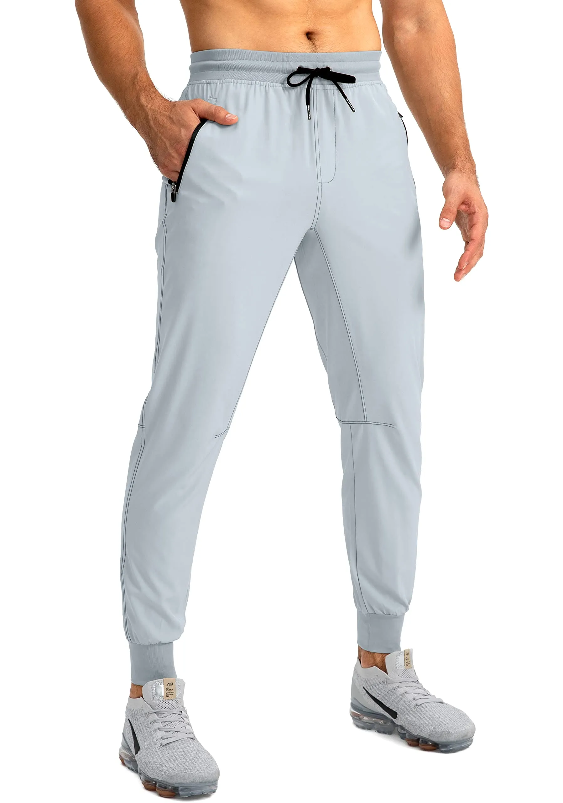 Pudolla Men's Lightweight Jogger Pants Workout Running Tapered Joggers for Men with Zipper Pockets for Athletic Travel Casual(Light Grey)
