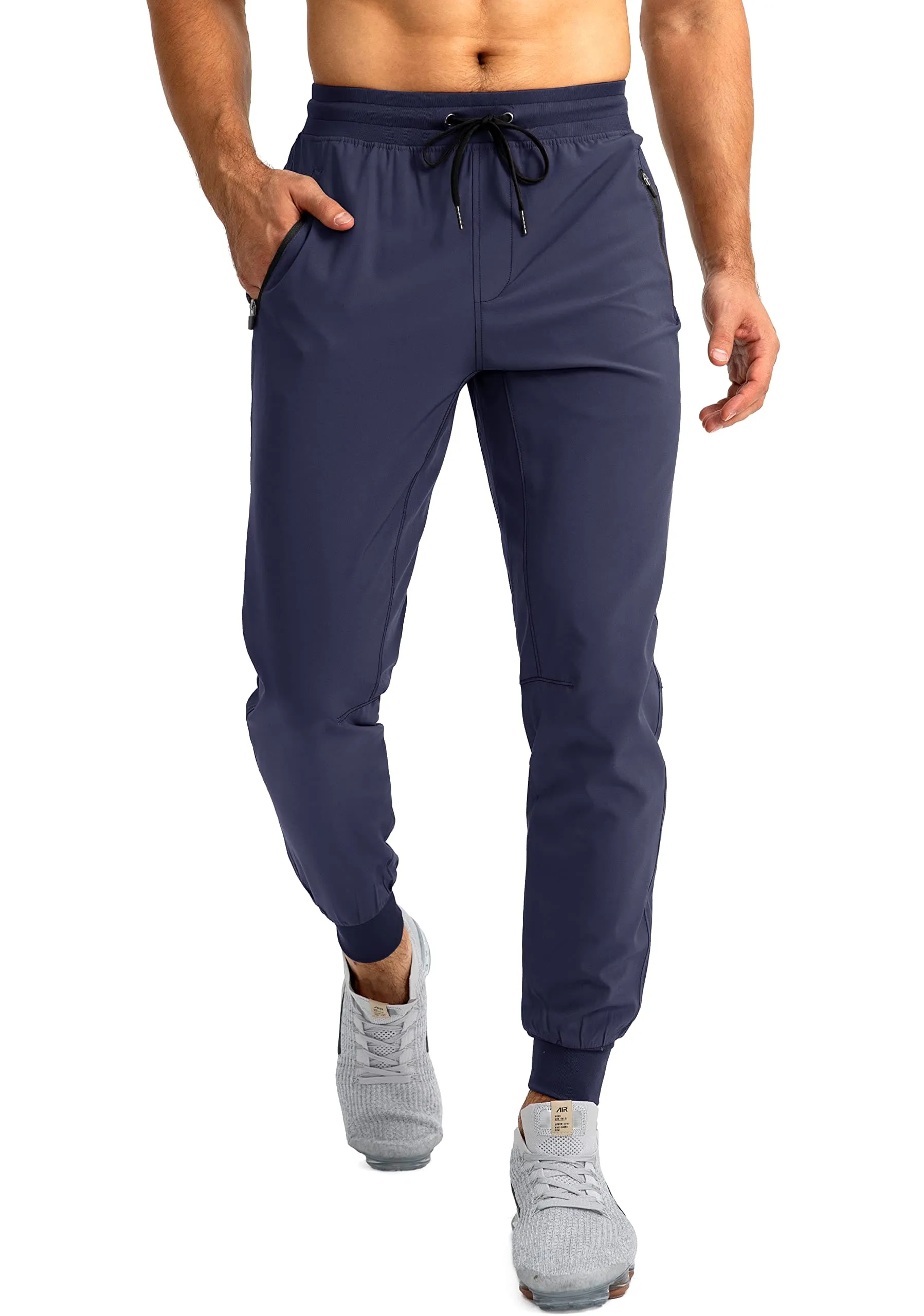 Pudolla Men's Lightweight Jogger Pants Workout Running Tapered Joggers for Men with Zipper Pockets for Athletic Travel Casual(Navy Blue)