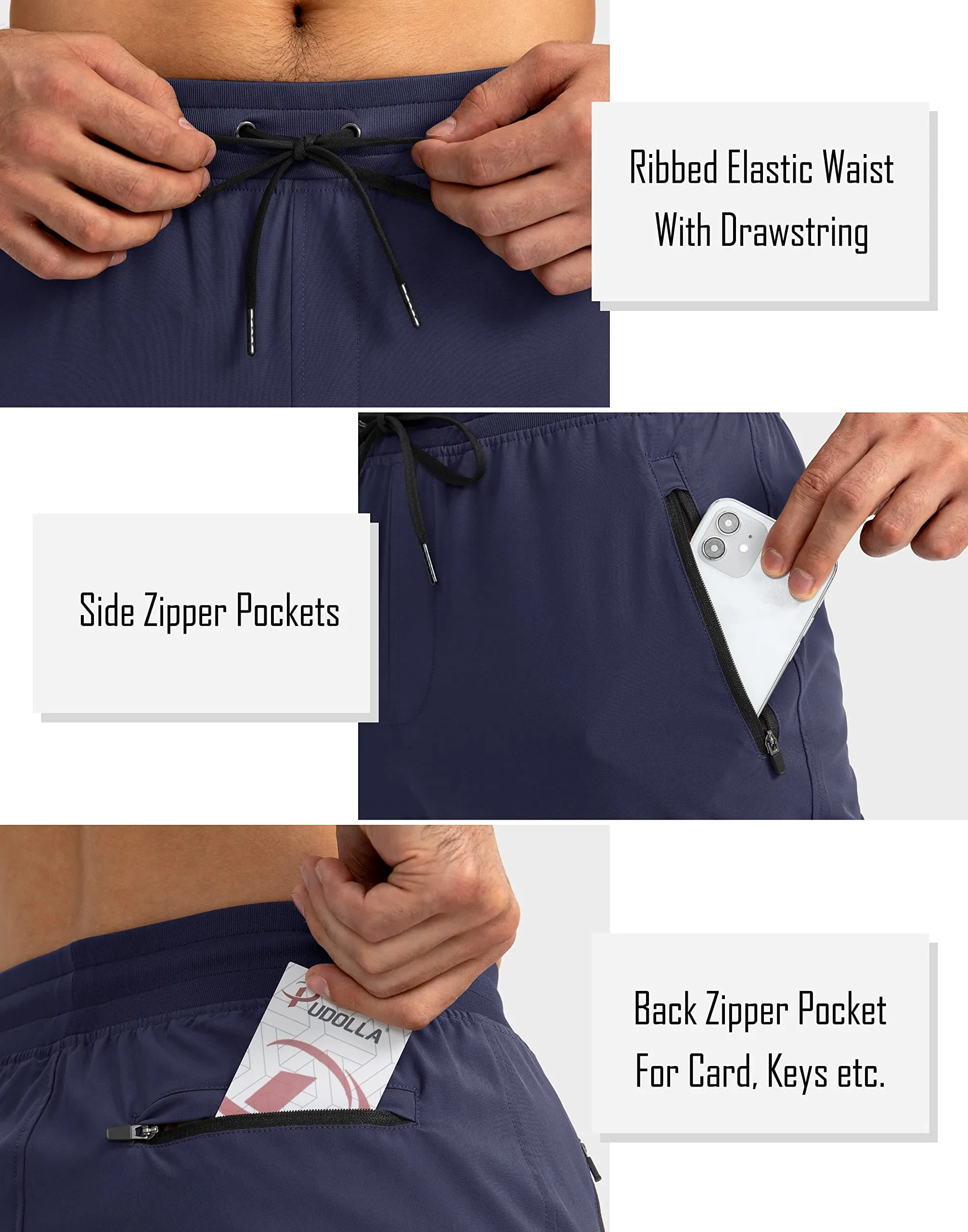 Pudolla Men's Lightweight Jogger Pants Workout Running Tapered Joggers for Men with Zipper Pockets for Athletic Travel Casual(Navy Blue)