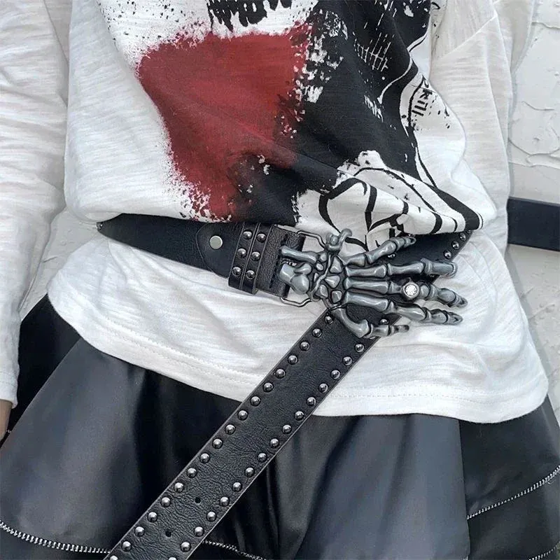 Punk Skull Hand Belt – Gothic Y2K Skeleton Hand Leather Belt with Rivets for Men and Women, Harajuku Halloween Accessories