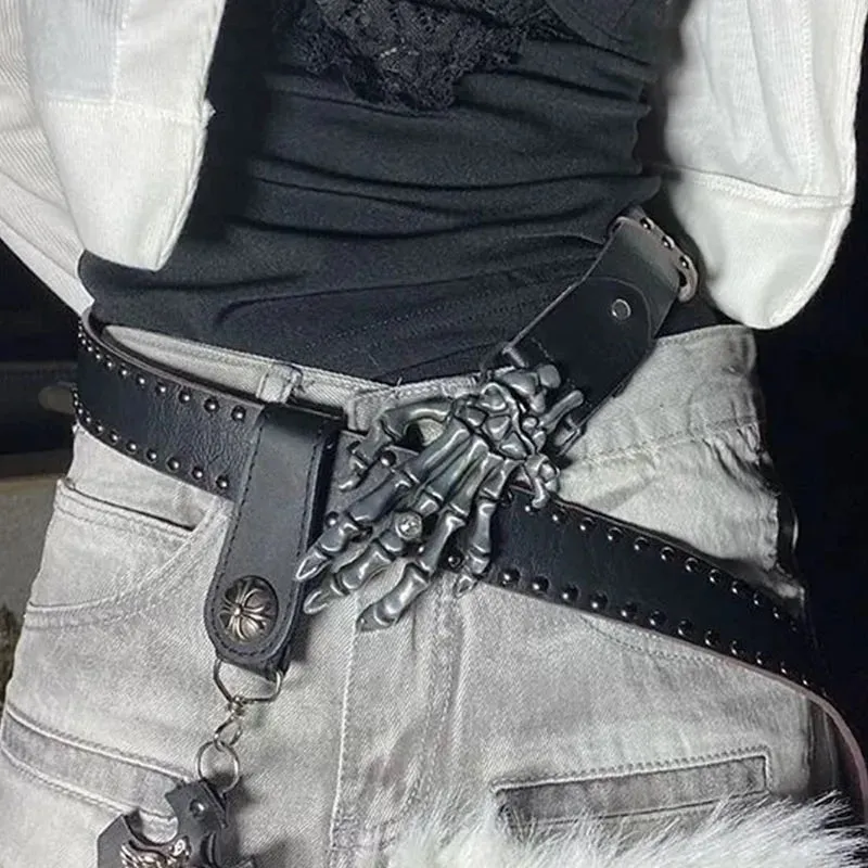 Punk Skull Hand Belt – Gothic Y2K Skeleton Hand Leather Belt with Rivets for Men and Women, Harajuku Halloween Accessories