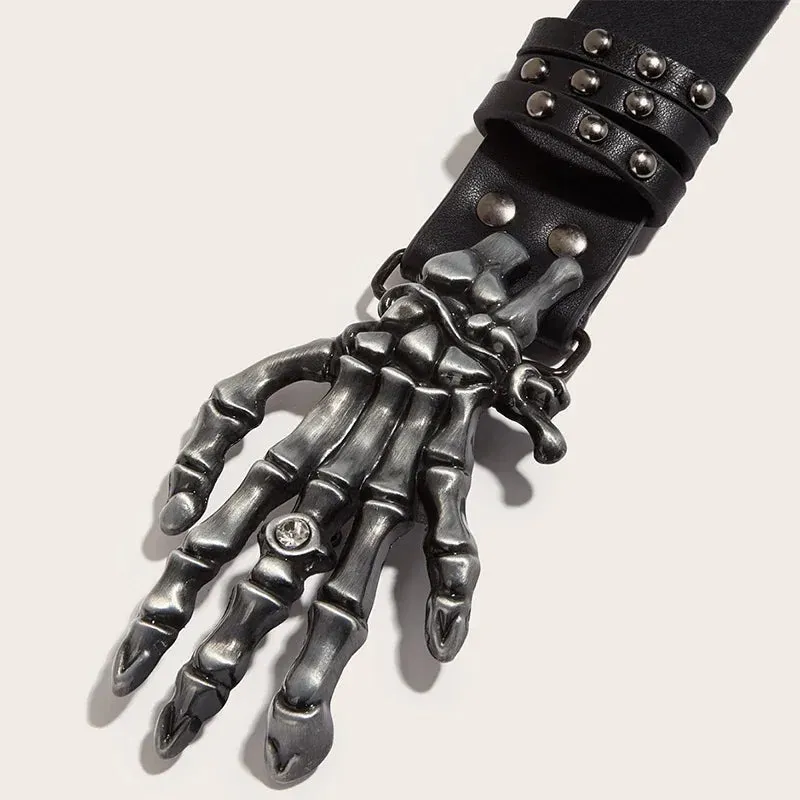 Punk Skull Hand Belt – Gothic Y2K Skeleton Hand Leather Belt with Rivets for Men and Women, Harajuku Halloween Accessories