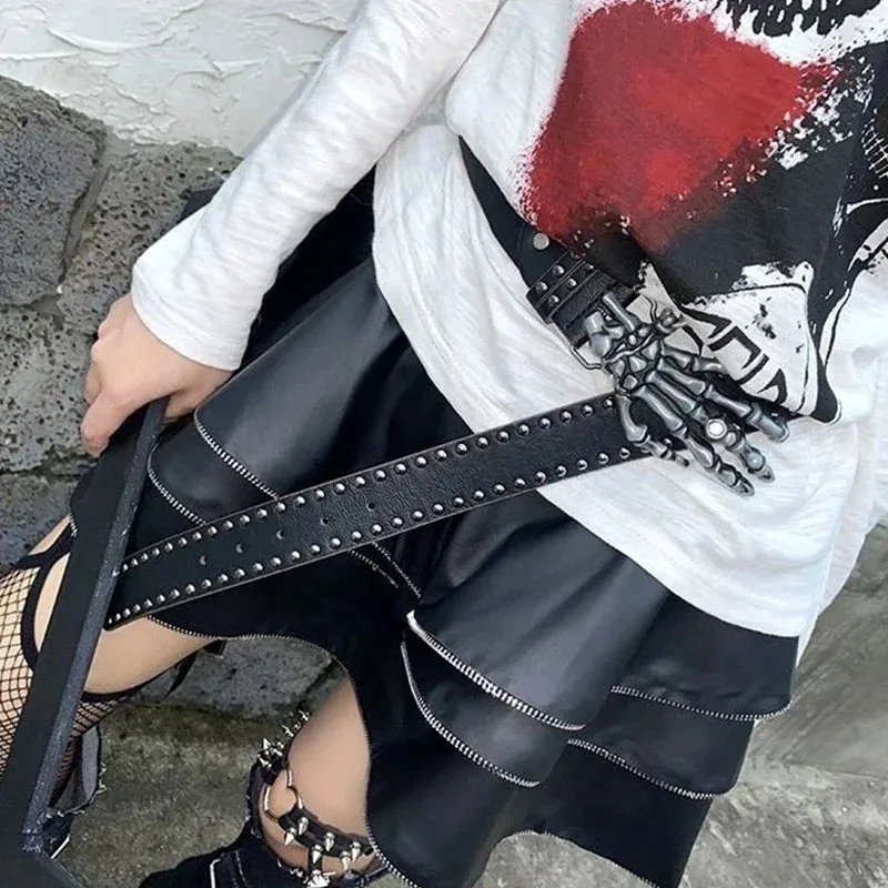 Punk Skull Hand Belt – Gothic Y2K Skeleton Hand Leather Belt with Rivets for Men and Women, Harajuku Halloween Accessories