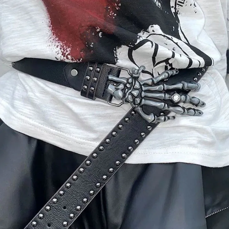 Punk Skull Hand Belt – Gothic Y2K Skeleton Hand Leather Belt with Rivets for Men and Women, Harajuku Halloween Accessories