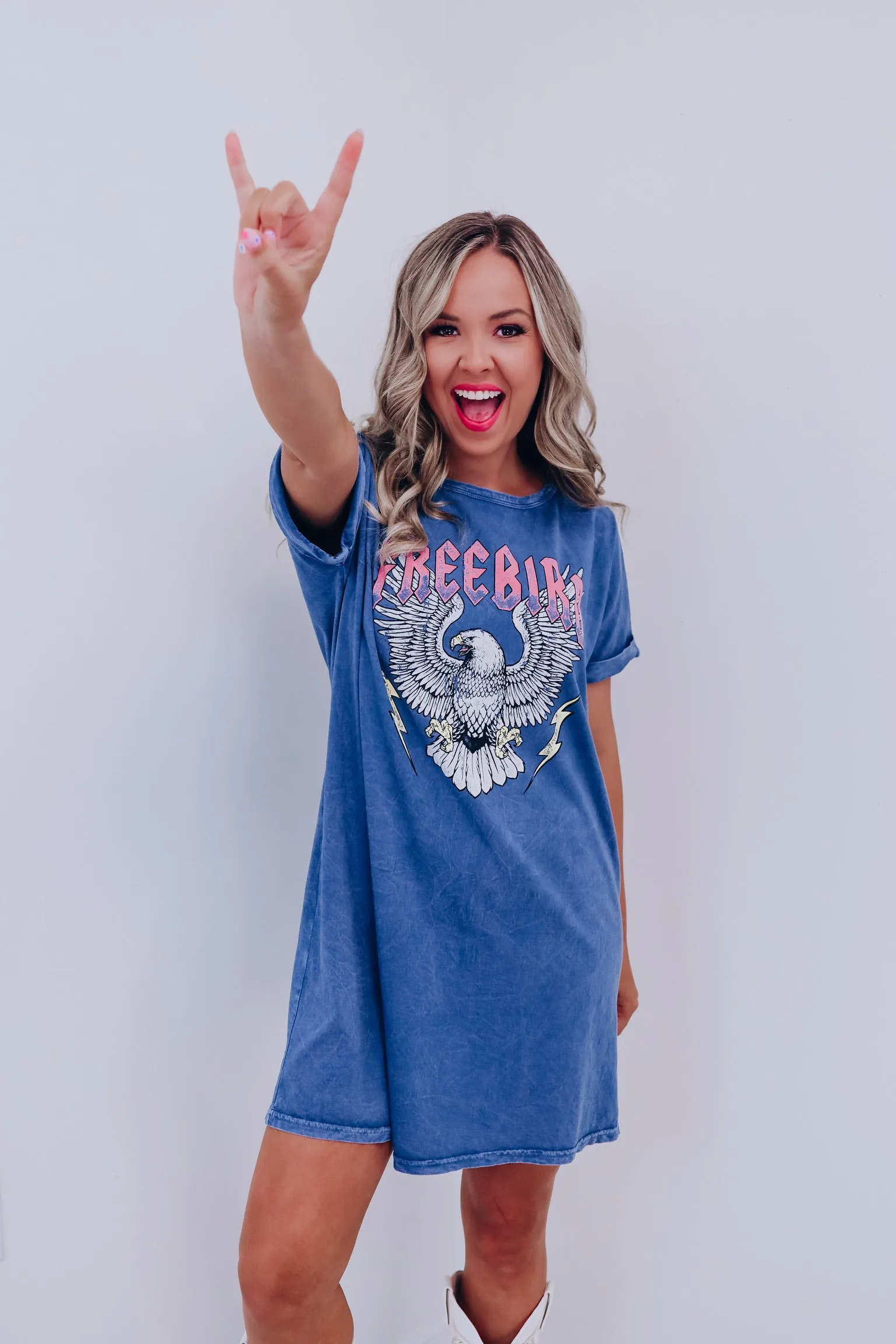 "Freebird" Eagle Graphic T-Shirt Dress - Mineral Blue