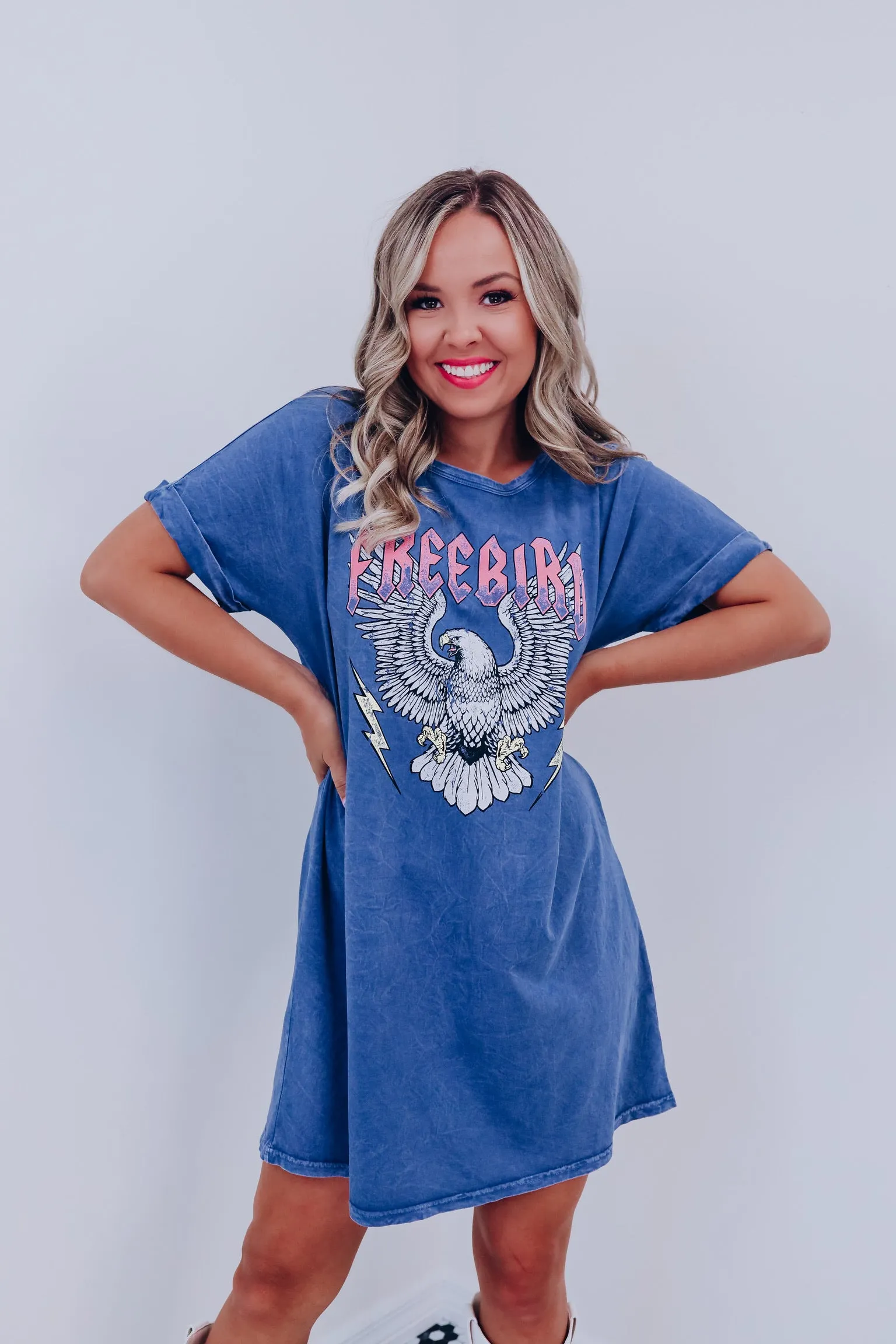 "Freebird" Eagle Graphic T-Shirt Dress - Mineral Blue