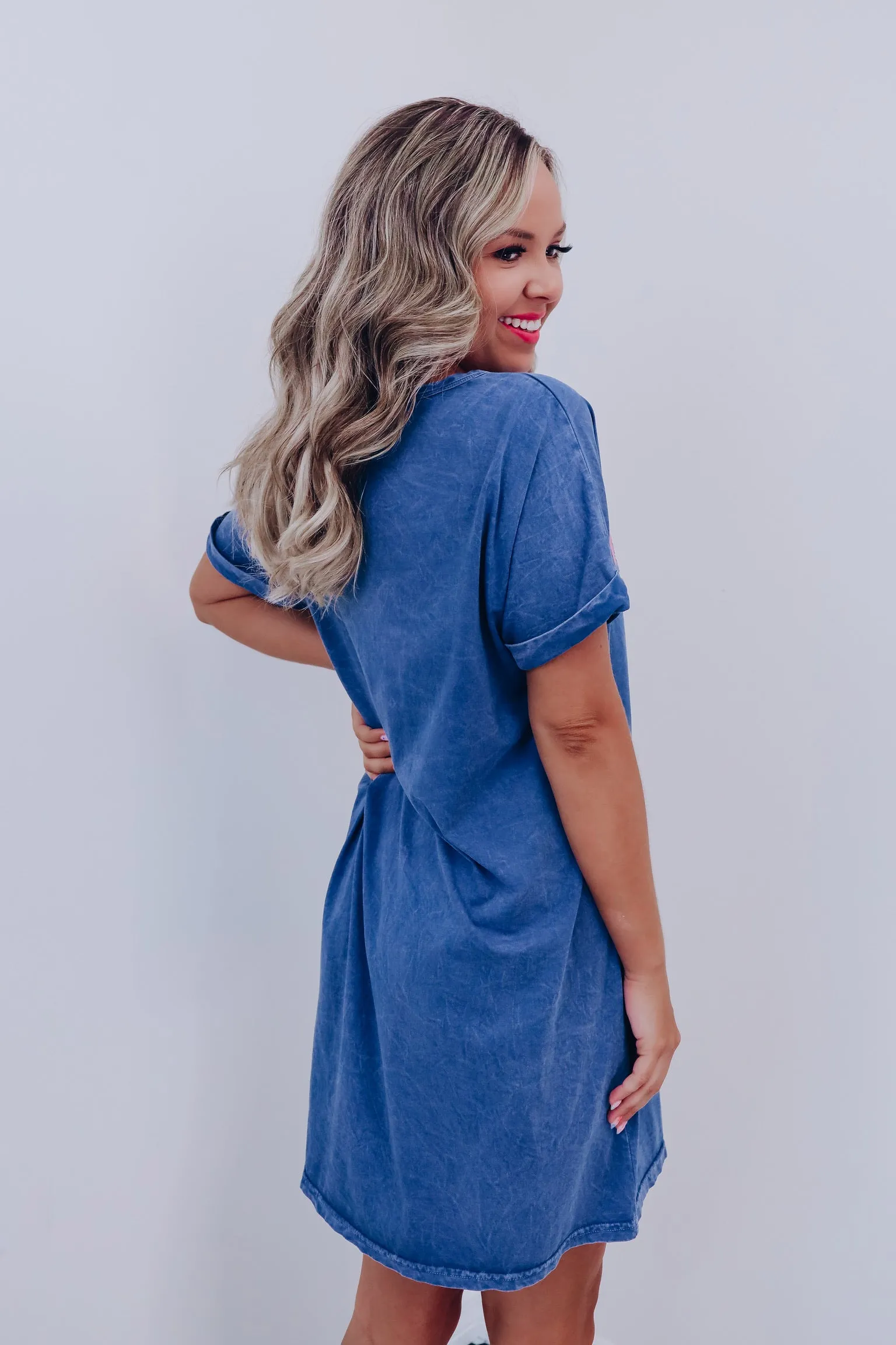 "Freebird" Eagle Graphic T-Shirt Dress - Mineral Blue