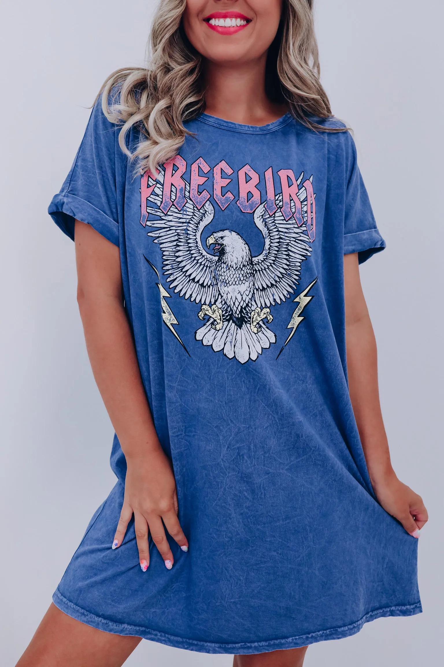 "Freebird" Eagle Graphic T-Shirt Dress - Mineral Blue