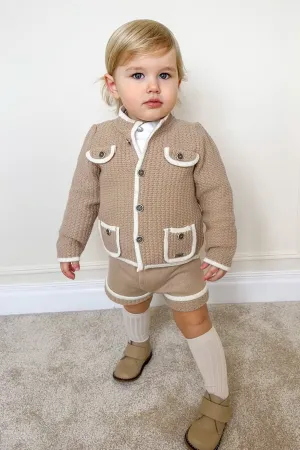 "Jude" Camel & Cream Knit Cardigan, Shirt & Shorts