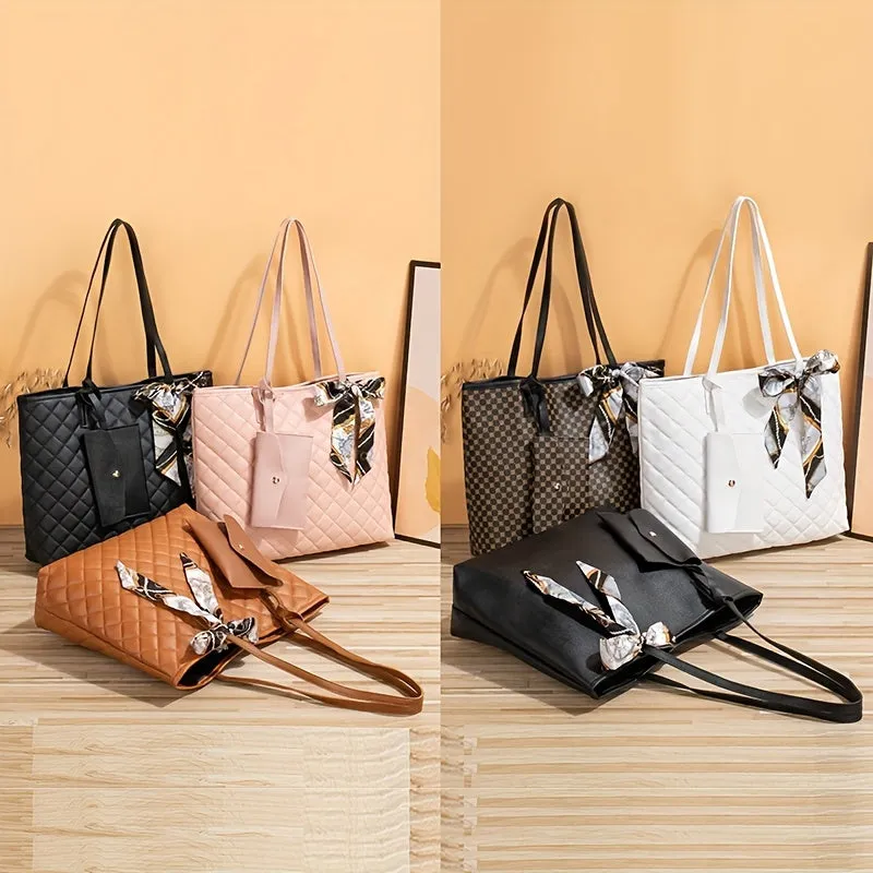 realaiot  Trendy Minimalist Tote Bag, Large Capacity Shoulder Bag With Clutch Purse & Scarf Decor