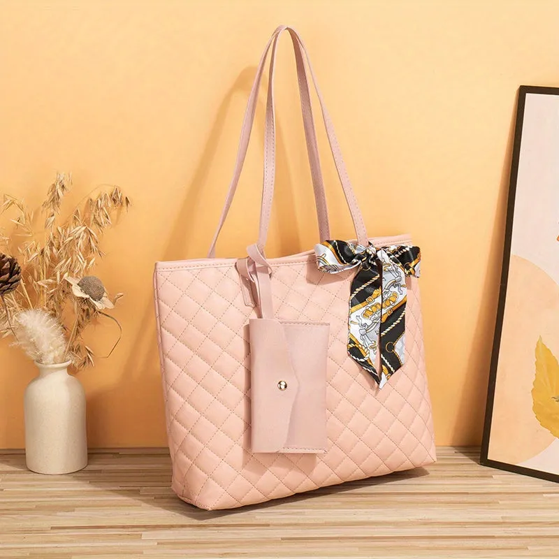 realaiot  Trendy Minimalist Tote Bag, Large Capacity Shoulder Bag With Clutch Purse & Scarf Decor