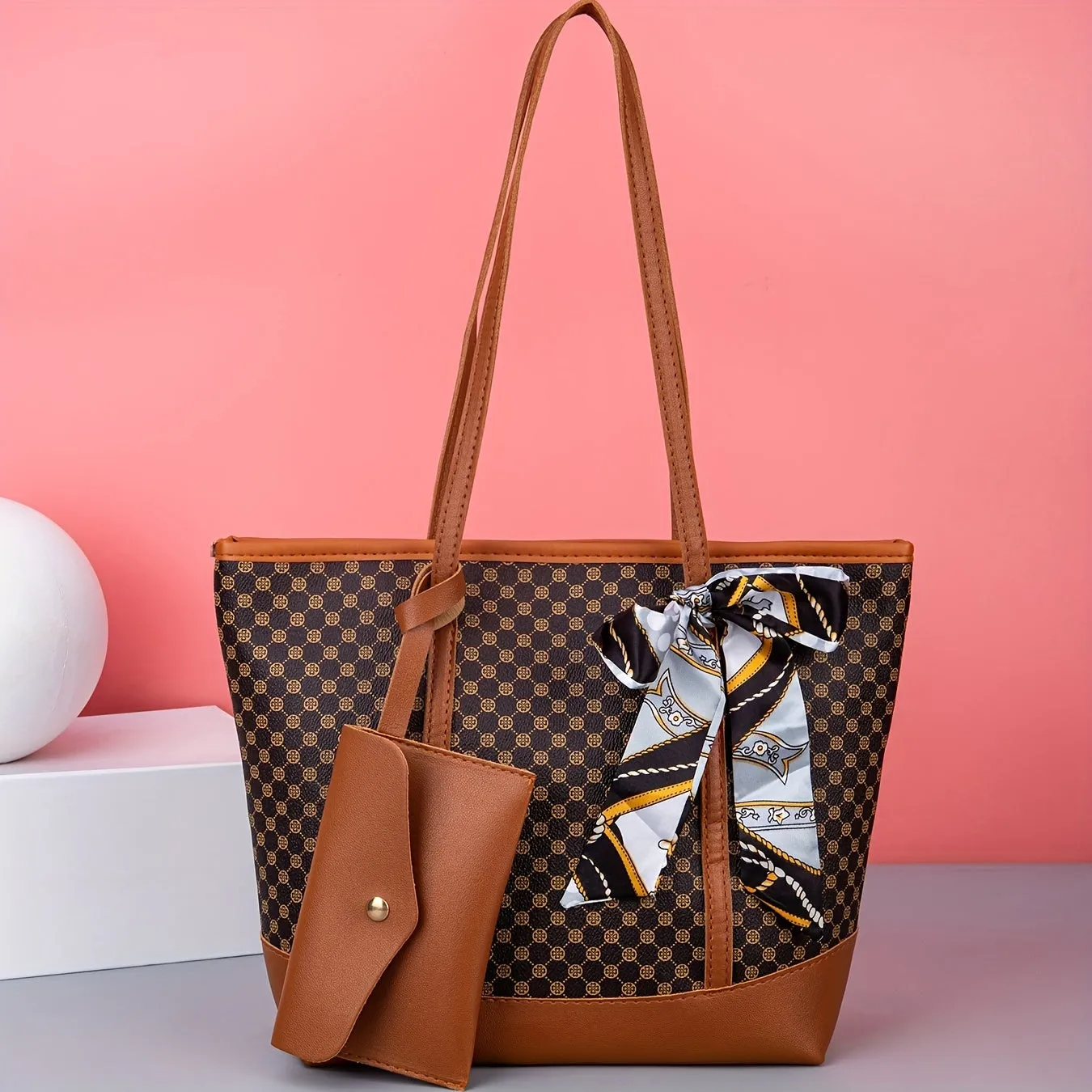 realaiot  Trendy Minimalist Tote Bag, Large Capacity Shoulder Bag With Clutch Purse & Scarf Decor