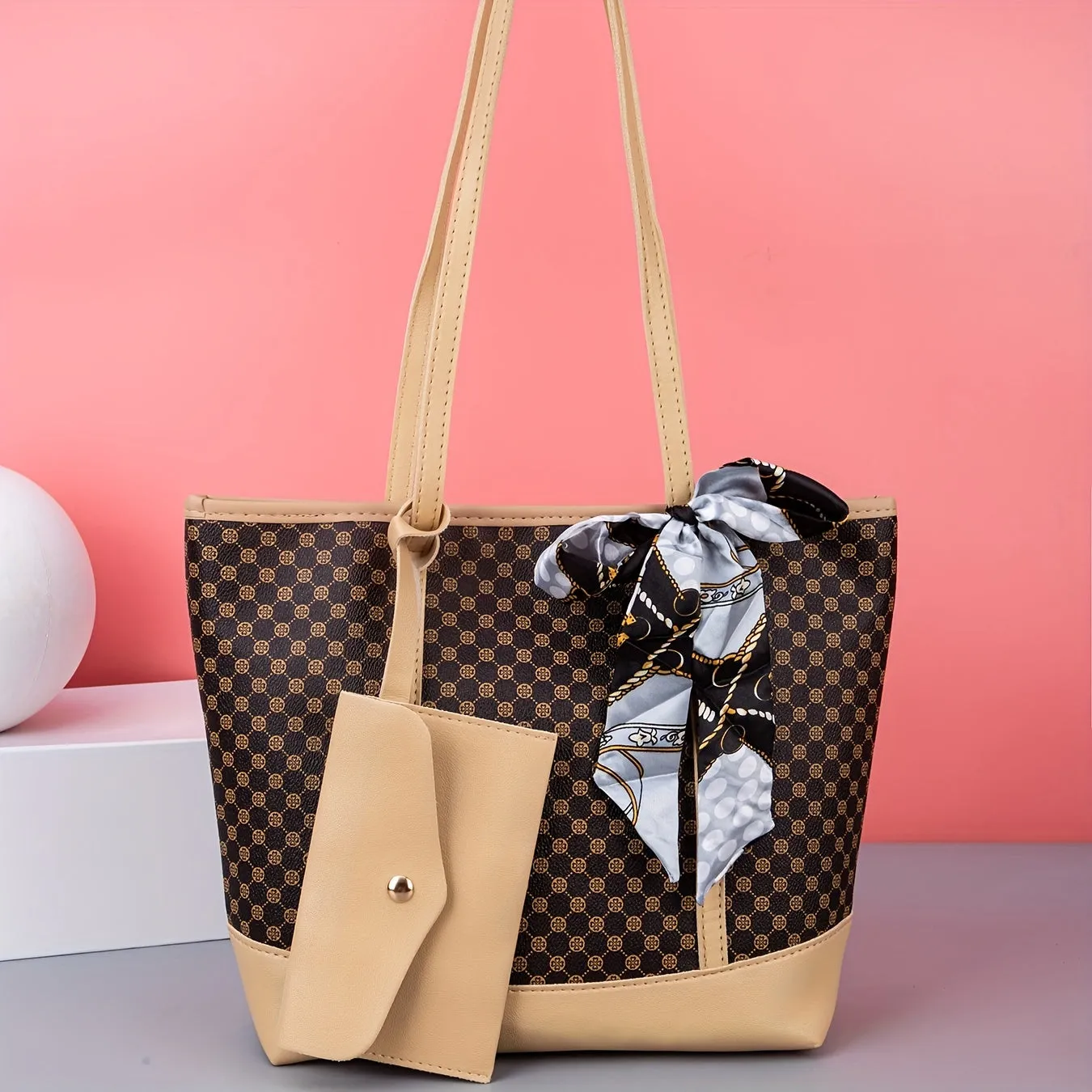 realaiot  Trendy Minimalist Tote Bag, Large Capacity Shoulder Bag With Clutch Purse & Scarf Decor