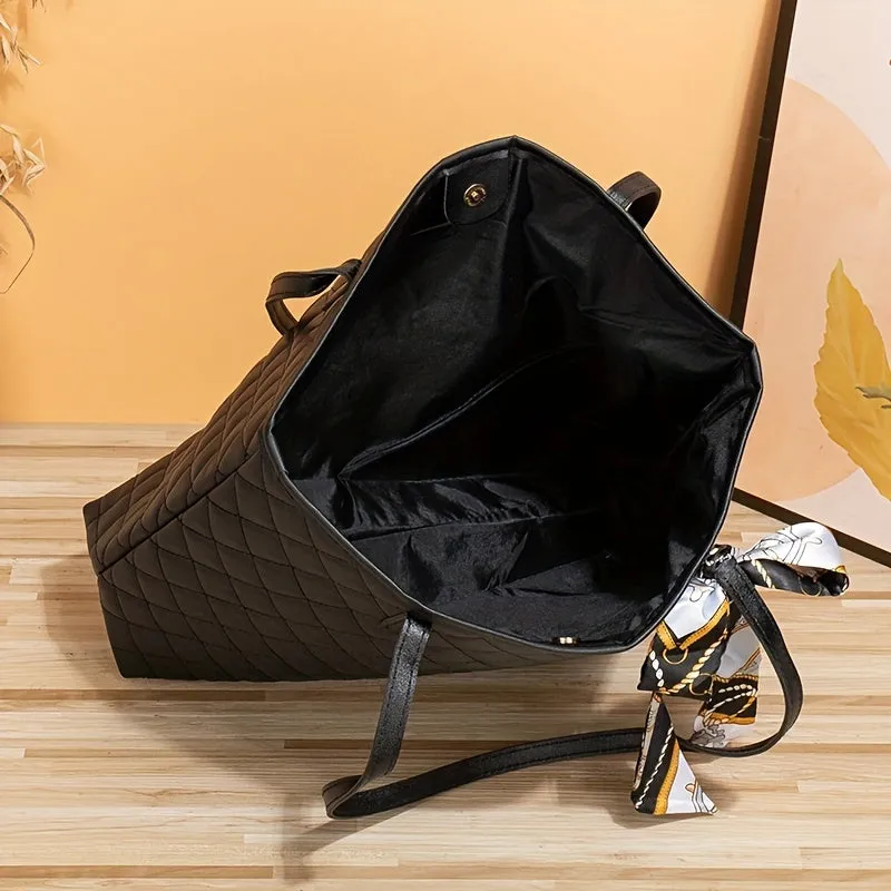 realaiot  Trendy Minimalist Tote Bag, Large Capacity Shoulder Bag With Clutch Purse & Scarf Decor