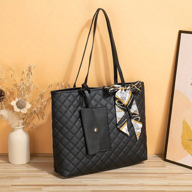 realaiot  Trendy Minimalist Tote Bag, Large Capacity Shoulder Bag With Clutch Purse & Scarf Decor