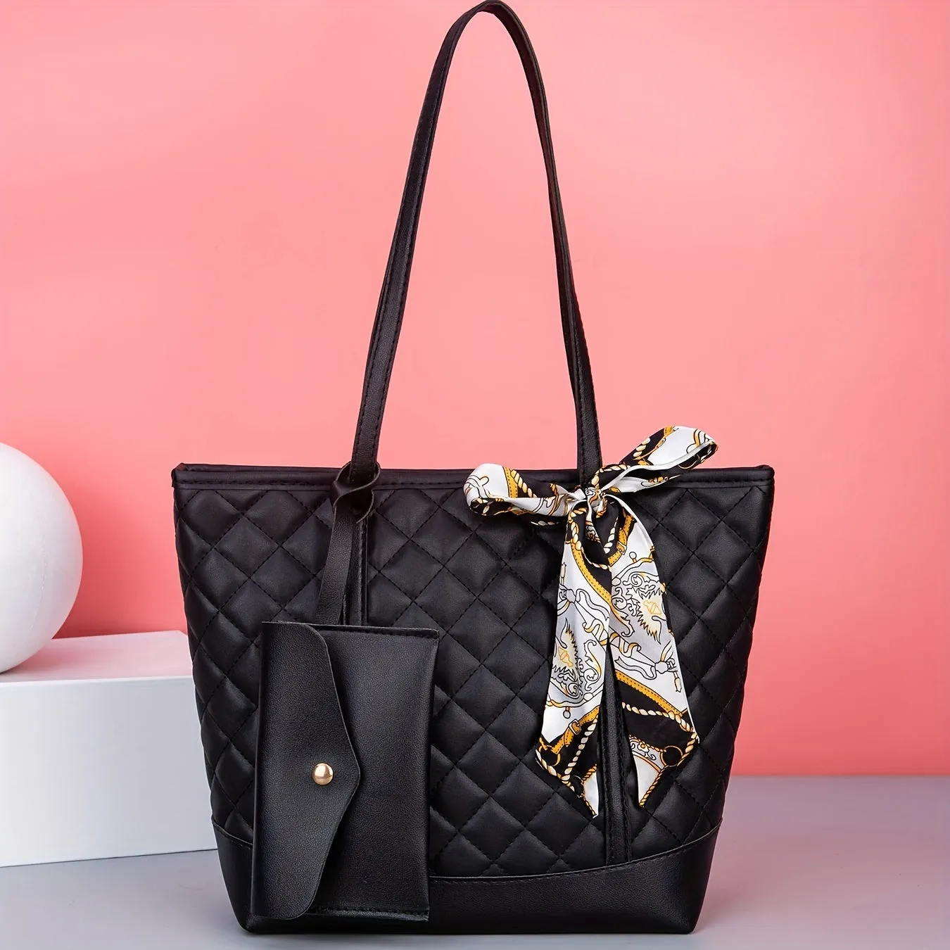 realaiot  Trendy Minimalist Tote Bag, Large Capacity Shoulder Bag With Clutch Purse & Scarf Decor