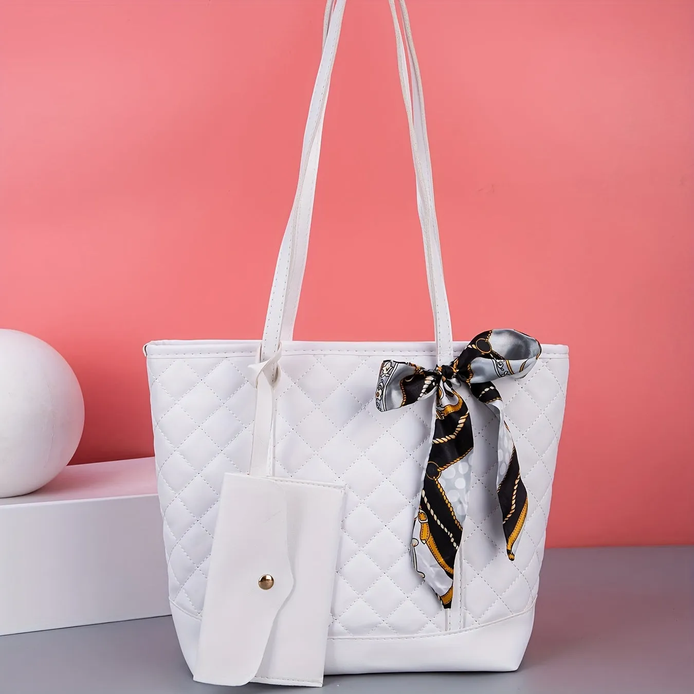 realaiot  Trendy Minimalist Tote Bag, Large Capacity Shoulder Bag With Clutch Purse & Scarf Decor